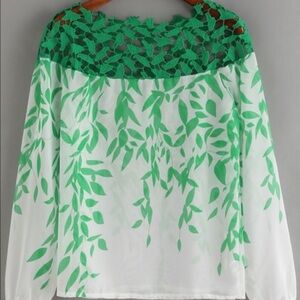 Boat Neck Lace Insert Print‎ Chiffon Shirt size XL